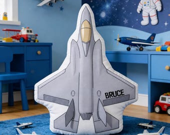 Almohada personalizada con forma de avión de combate, almohada de peluche con nombre personalizado de avión espacial, almohada decorativa con forma de avión Astronault, regalo para hijo.