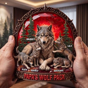 May include: A decorative plaque featuring a wolf and its cubs, set against a red backdrop with green trees. The plaque includes the text "DADDY", "LILY", "ALEX", "NANCY", and "MICHAEL", and the phrase "PAPA'S WOLF PACK".