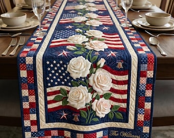 Personalized America 250 Years Of Freedom Quilt Table Runner, Custom Name USA 250th Anniversary Tablecloth, 4th Of July Patriotic Decor