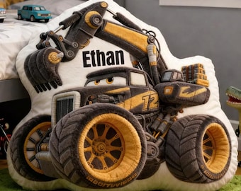 Almohada personalizada con forma de camión monstruo excavadora, almohada de peluche con forma de camión monstruo con nombre personalizado, almohada decorativa de excavadora, regalo para hijo.