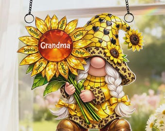 Atrapasueños personalizado de girasol con gnomo para abuela, atrapasueños colgante personalizado con nombre para mamá e hijo, decoración para ventana del Día de la Madre, regalo para mamá.