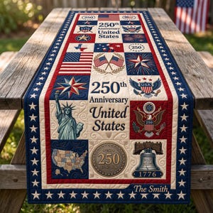 May include: A patriotic table runner with a quilted design. It features the text "250th Anniversary United States" along with images of the American flag, the Statue of Liberty, and the Liberty Bell. The runner is bordered with a blue star pattern.