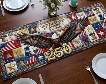 Camino de mesa con águila de los 250 años de Estados Unidos, camino de mesa del 250 aniversario de EE. UU., decoración patriótica 1776-2026, decoración para el comedor del Día de la Independencia.