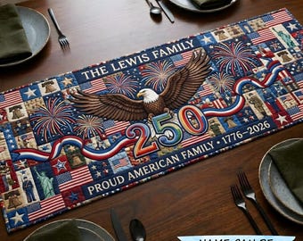 Camino de mesa American Family Eagle 250 Years, Camino de mesa del 250 aniversario de EE. UU., Decoración patriótica 1776-2026, Decoración para el comedor del Día de la Independencia