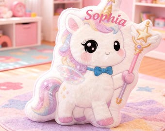 Almohada mágica personalizada con forma de unicornio, almohada de peluche de unicornio con nombre personalizado, almohada decorativa de caballo mágico, regalo para hija.