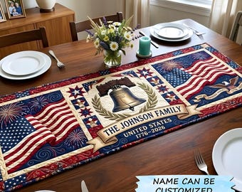 Camino de mesa Campana de la Libertad 250 Aniversario de Estados Unidos, Camino de mesa del 250 Aniversario de EE. UU., Decoración patriótica 1776-2026, Decoración para el comedor del Día de la Independencia