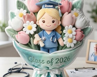 Almohada personalizada con forma de ramo de flores para graduación de enfermera, almohada de peluche adorable con nombre personalizado para la promoción de enfermeras de 2026, almohada de graduación, regalo para enfermeras.