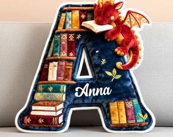 Almohada personalizada con forma de letra inicial del alfabeto de dragón de libros, almohada de peluche adorable de dragón de libros con nombre personalizado, almohada infantil, regalo para amantes de la lectura.