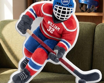Almohada personalizada con forma de camiseta de hockey sobre hielo, almohada de peluche adorable con nombre de jugador de hockey, almohada de hockey, regalo para amantes del hockey.