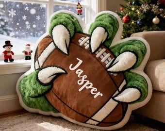 Almohada personalizada con forma de dinosaurio y balón de fútbol, almohada de peluche con nombre personalizado de jugador de fútbol, almohada decorativa de dinosaurio, regalo para hijo.