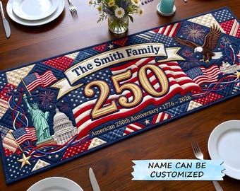 Camino de mesa "250 años de libertad en Estados Unidos", Camino de mesa del 250 aniversario de EE. UU., Decoración patriótica 1776-2026, Decoración para el comedor del Día de la Independencia