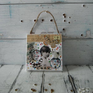 vintage style mixed media collage petite collage art collage aged collage art canvas colorful art mini art block girl collage 4x4 inch