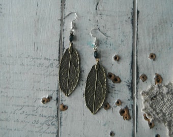 leaf earrings antique bronze detailed leaves hematite glass bead bohemian jewellery jewelry nature love earrings drop earrings boho earrings