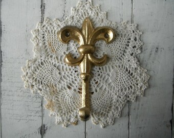 fleur de lis hook leash hook towel hook wall hook french country cottage chic shabby decor PETITE hook clothing hanger gold tone hook 2