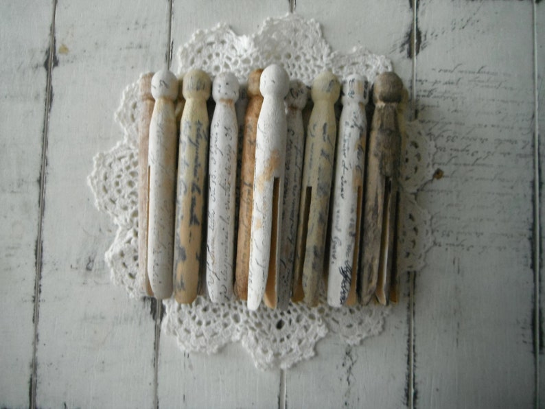 18 stamped pegs french script very weathered grungy aged dolly pegs rustic cottage chic old fashioned pegs painted primitive pegs aged MIX image 5