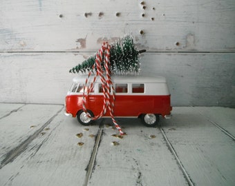 red VW bus bottle brush tree VW bus christmas decor petite bus decor holiday decor mantle decor table decor rustic decor  green tree