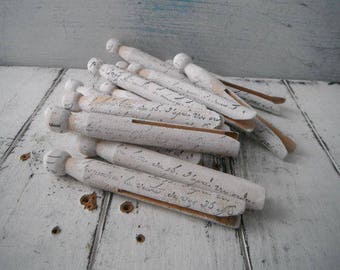 french script weathered pegs old fashioned pegs hand stamped primitive pegs rustic white stamped pegs dolly pegs shabby cottage chic 12 PC