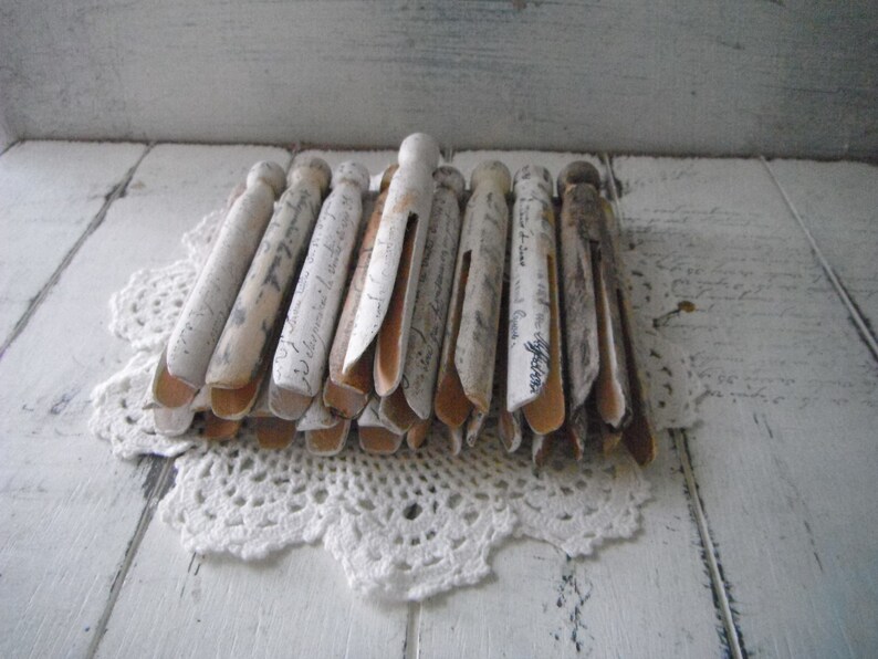 18 stamped pegs french script very weathered grungy aged dolly pegs rustic cottage chic old fashioned pegs painted primitive pegs aged MIX image 9
