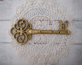 gold painted hook key shape hook wall hook clothing hanger leash holder kitchen towel hook shabby chic cottage decor home decor ornate key