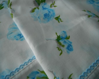 vintage pillowcases patterned bedding white pillow cases shabby chic floral cases turquoise floral bridal shower vintage decor PAIR 21x32 in