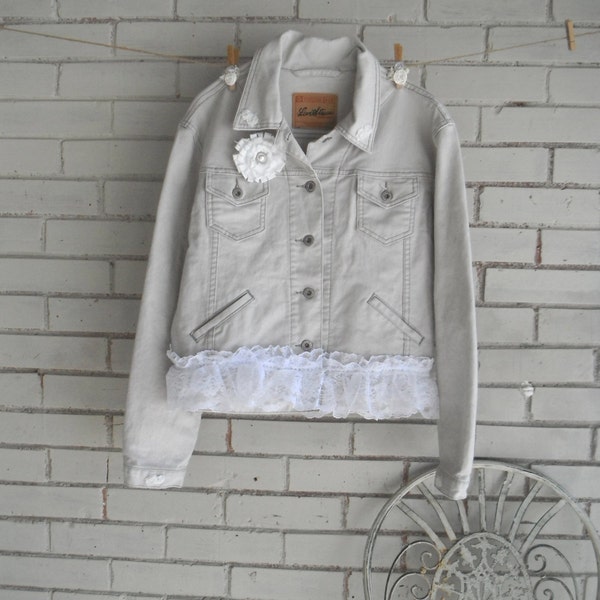 denim style jacket upcycled shabby & chic ladies oatmeal jacket mori girl casual fashion ruffled denim style jacket casual country girl M/L