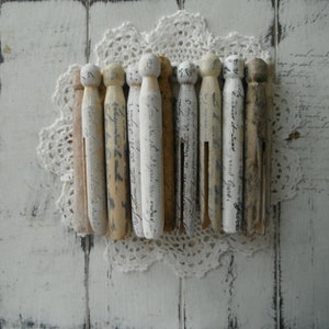 18 stamped pegs french script very weathered grungy aged dolly pegs rustic cottage chic old fashioned pegs painted primitive pegs aged MIX image 1