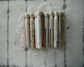 18 stamped pegs french script very weathered grungy aged dolly pegs rustic cottage chic old fashioned pegs painted primitive pegs aged MIX