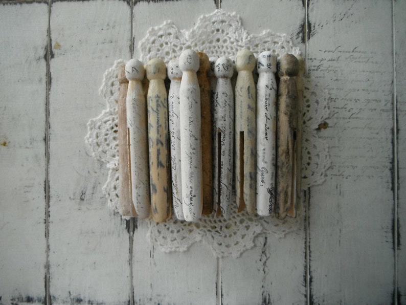 18 stamped pegs french script very weathered grungy aged dolly pegs rustic cottage chic old fashioned pegs painted primitive pegs aged MIX image 1