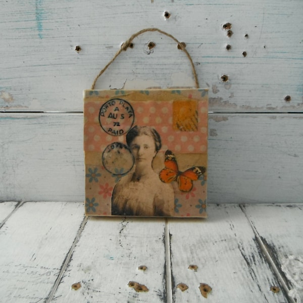 vintage style mixed media collage petite collage art collage aged collage art canvas colorful art mini art block lady collage 4x4 inch