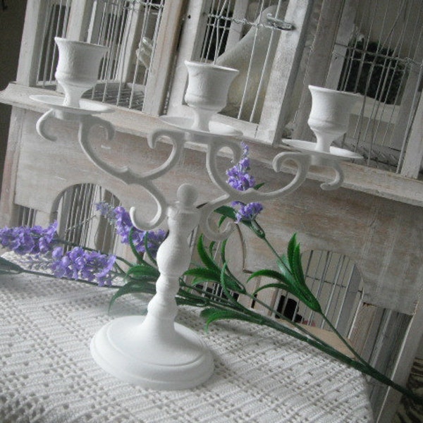 White candelabra, shabby chic, painted candelabra, candle holder, French country