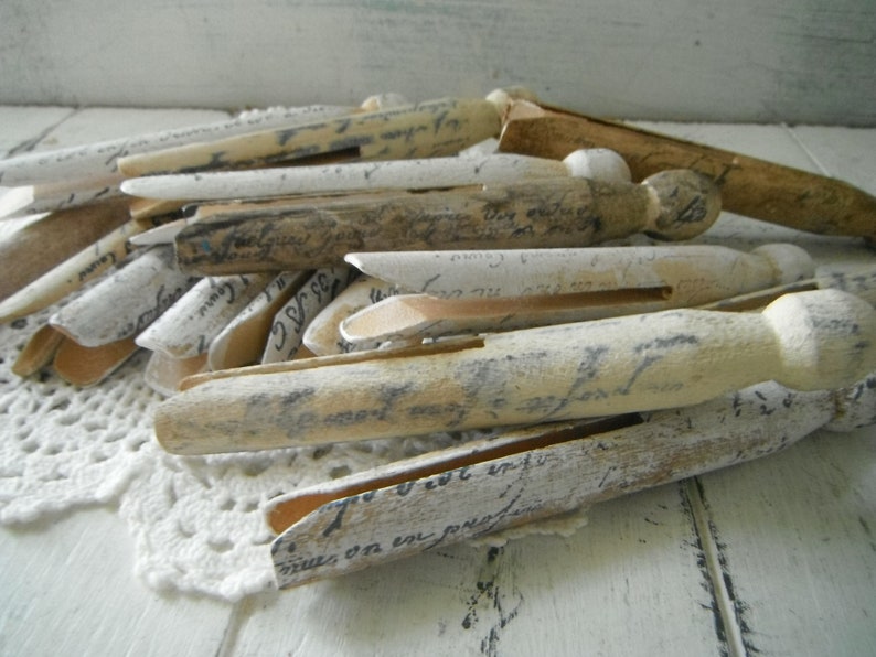 18 stamped pegs french script very weathered grungy aged dolly pegs rustic cottage chic old fashioned pegs painted primitive pegs aged MIX image 7