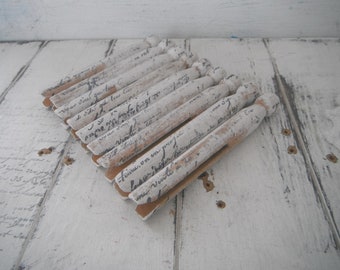 grungy aged pegs dolly pegs rustic cottage chic painted primitive pegs aged pegs stamped pegs french script very weathered 10 count