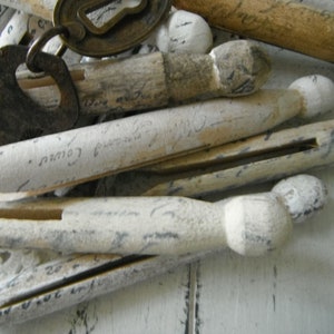 18 stamped pegs french script very weathered grungy aged dolly pegs rustic cottage chic old fashioned pegs painted primitive pegs aged MIX image 2