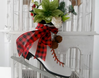 ice skate decor red buffalo plaid farmhouse decor Christmas decor upcycled skate decor wreath alternative decorated skate  12x14x3 inch