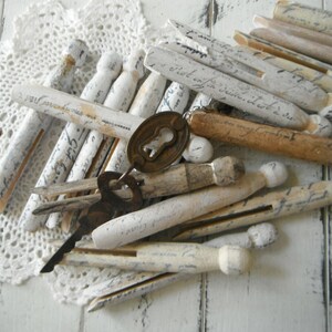 18 stamped pegs french script very weathered grungy aged dolly pegs rustic cottage chic old fashioned pegs painted primitive pegs aged MIX image 3