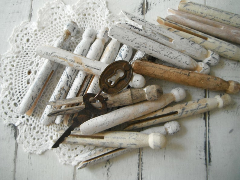 18 stamped pegs french script very weathered grungy aged dolly pegs rustic cottage chic old fashioned pegs painted primitive pegs aged MIX image 3