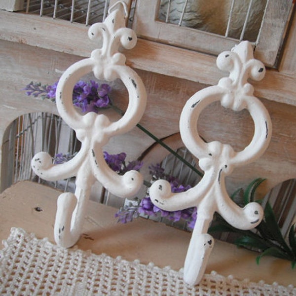 Coat hooks cast iron hooks shabby chic white hooks ornate hooks French country wall hook paris apartment painted hooks pair hooks