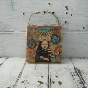 vintage style mixed media collage petite collage art collage aged collage art canvas colorful art mini art block girl collage 4x4 inch