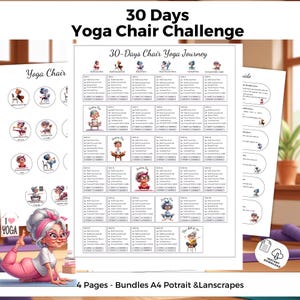 Reto de yoga en silla de 30 días, plan de yoga imprimible para personas mayores y principiantes: rutina de ejercicios suaves - A4 - Vertical - Paisajes