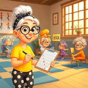 May include: Cartoon illustration of a yoga class. A woman in a yellow shirt and polka dot pants holds a clipboard and pen. Other cartoon figures are doing yoga. The word "YOGA" is on a sign.