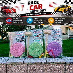 May include: Three clear plastic party favor bags, each containing a round Crayola chalk disc and a mini wooden mallet. The chalk colors are pink, green, and purple. Each bag includes a personalized card with race car graphics and text.