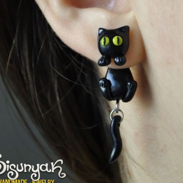 Boucles d'oreilles chat noir faites main : pâte polymère, tenons en acier chirurgical, clous d'oreilles