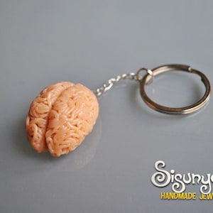 Può includere: Un portachiavi a forma di cervello rosa con una catena e un anello argentati. Il portachiavi è fatto di pasta polimerica e ha una texture dettagliata.