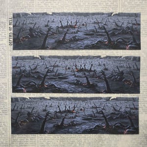 May include: A triptych art print featuring three horizontal panels of a dark, cracked landscape with numerous reaching hands emerging from the ground, accented by glowing embers. The text DEPTHS OF HELL is printed vertically on the left side.