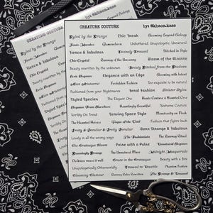 May include: A black and white image featuring two white cards with text, a pair of scissors, and a pair of tweezers. The cards have the words "Creature Couture" and a list of phrases. The scissors have a gold design.