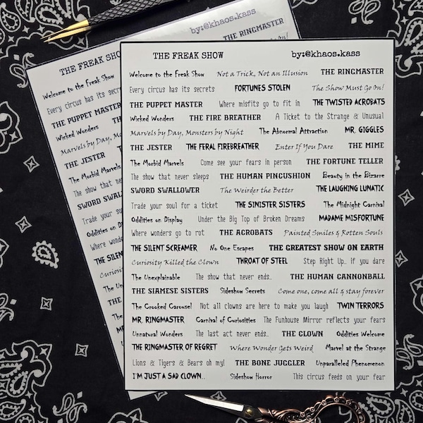 THE FREAK SHOW Quote Sticker Sheet – Circus Horror, Oddities, Macabre Carnival Vinyl Decals