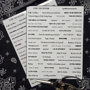 May include: A collection of punk-themed stickers and accessories, including scissors and tweezers, arranged on a black and white paisley bandana. The stickers feature phrases like "Punk the System" and "Your Normal Is My Nightmare."