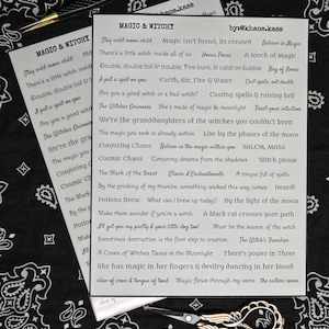 May include: A collection of witch-themed stickers and a pair of decorative scissors on a black and white paisley patterned background. The stickers feature phrases like "Magic & Witchy" and "Conjuring Chaos". The scissors have gold-colored handles.