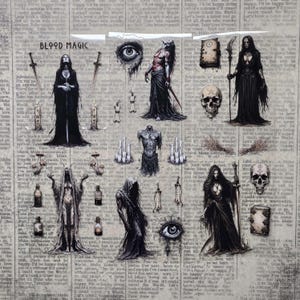 May include: A sheet of stickers titled BLOOD MAGIC featuring dark gothic illustrations of hooded figures in black robes, skulls, ancient books, candles, potions, and eyes, all set against a background of vintage newspaper print text.