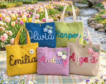 Personalized Name Tote Handbag, Children's name handbags, Corduroy Tote Handbag, Custom Children's Gift, Baby Shower Gifts